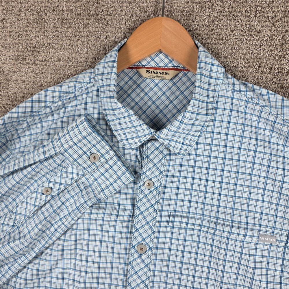 Simms Mens Stone Cold Large Blue Plaid Long Sleeve Button Down Fishing Shirt UPF